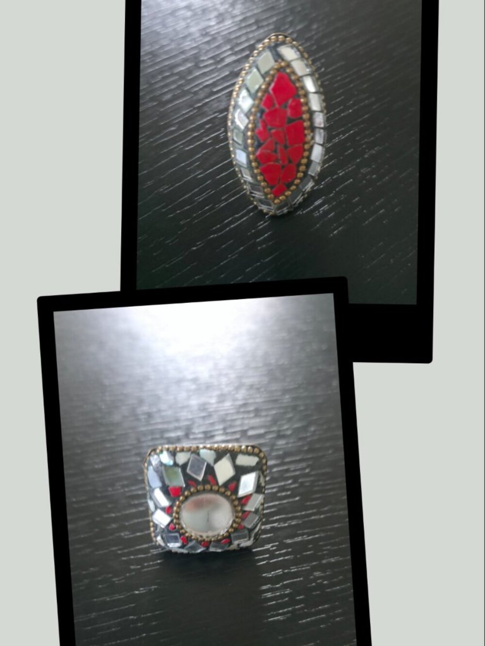 New Mirror Mosaic 2-Ring Set Square Oval Red Bollywood Dandiya Garba Navratri